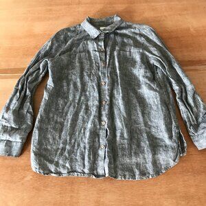 Charter Club 100% Linen Top Women PL Gray Button Up Pocket Roll Tab Sleeve 18579
